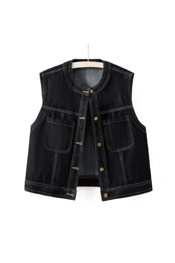 Women's Vintage Denim Vest Jacket Stylish and Versatile Lapel Cardigan Vest Denim Jacket with Buttons