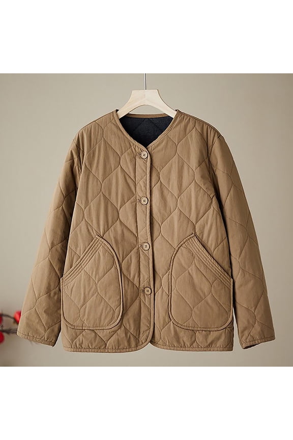 Women's Winter Hoodless Padded Coat Loose Warm Long Sleeve Casual Quilted Jacket Outerwear