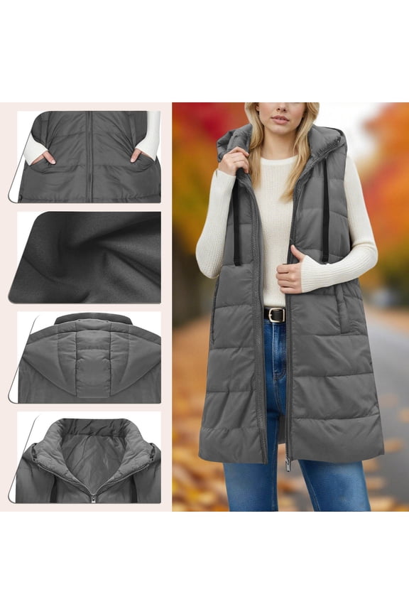 Women's Winter Long Hooded Puffer Vest Stand Collar Sleeveless Puffy Coat with Pockets