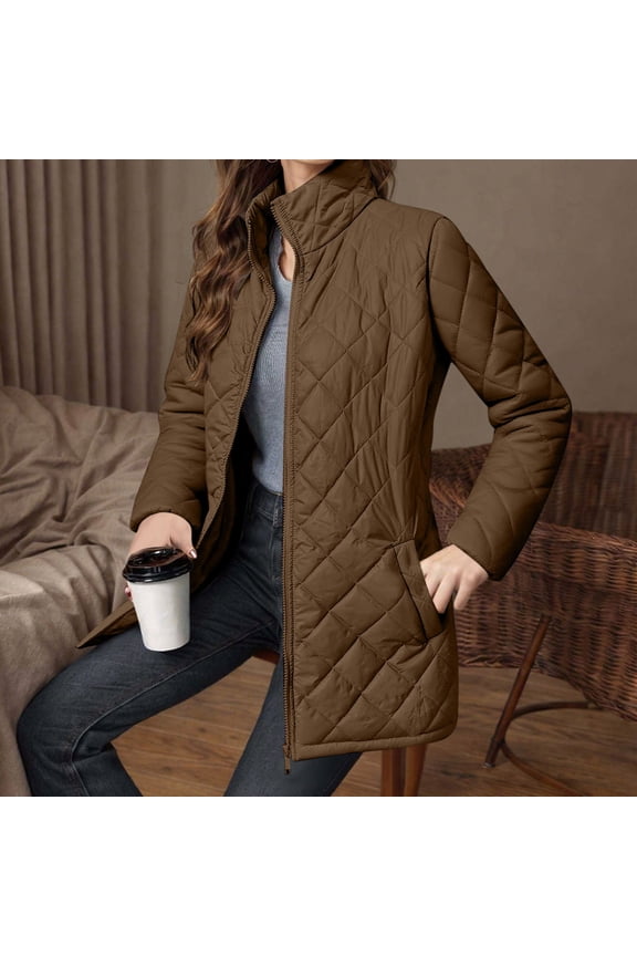 Women's Winter Mid-Long Padded Coat Solid Color Long Sleeve Stand Collar Pocket Diamond Quilted Jacket