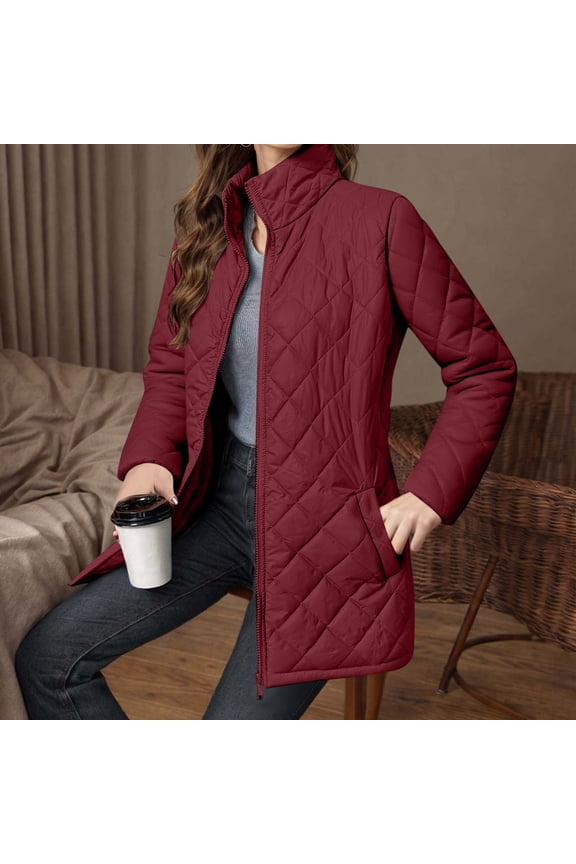 Women's Winter Mid-Long Padded Coat Solid Color Long Sleeve Stand Collar Pocket Diamond Quilted Jacket