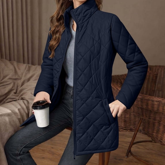 WXLWZYWL Women's Winter Mid-Long Padded Coat Solid Color Long Sleeve Stand Collar Pocket Diamond Quilted Jacket