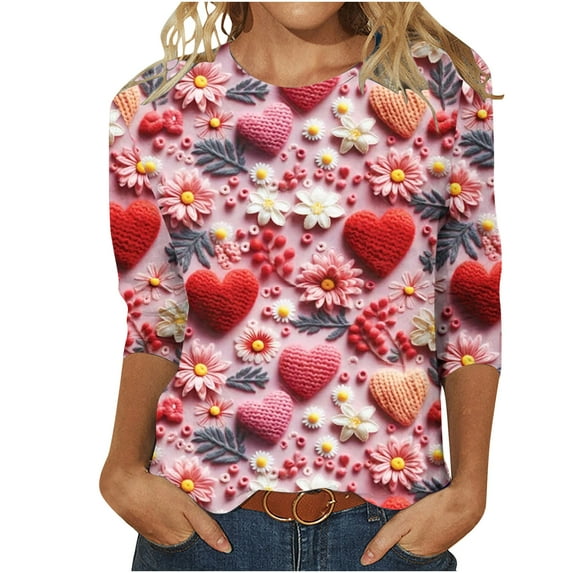 WXLWZYWL Womens 3/4 Sleeve Heart Print Shirts O Neck Tops Tee Solid Color Blouse