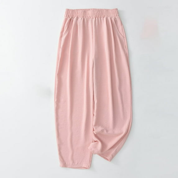 WXLWZYWL Womens Baggy Wide Leg Pants Casual Elastic Waisted Solid Color Silk Harem Pants with Pockets