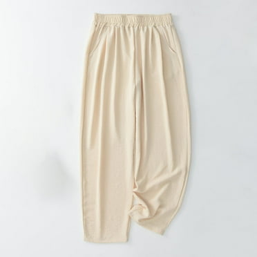 WXLWZYWL Womens Baggy Wide Leg Pants Casual Elastic Waisted Solid Color Silk Harem Pants with Pockets