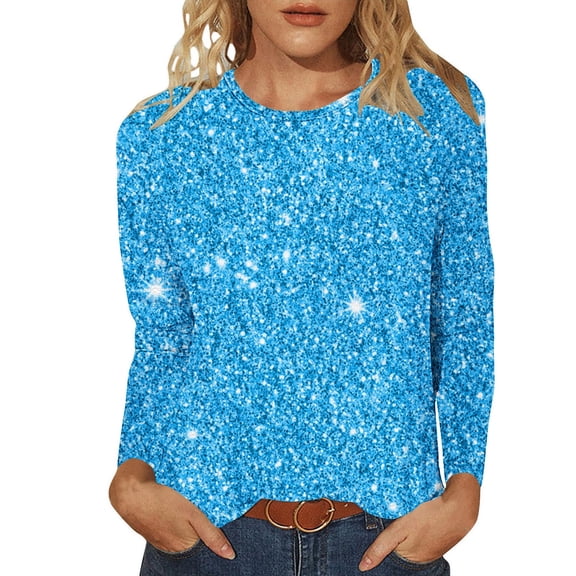 WXLWZYWL Womens Blouse Ladies Shiny Printed Casual Pullover Classic Long Sleeved Round Neck Tops