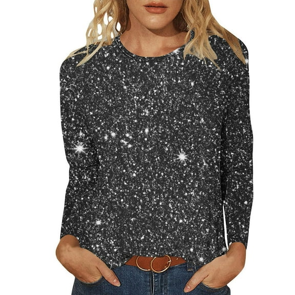 WXLWZYWL Womens Blouse Ladies Shiny Printed Casual Pullover Classic Long Sleeved Round Neck Tops