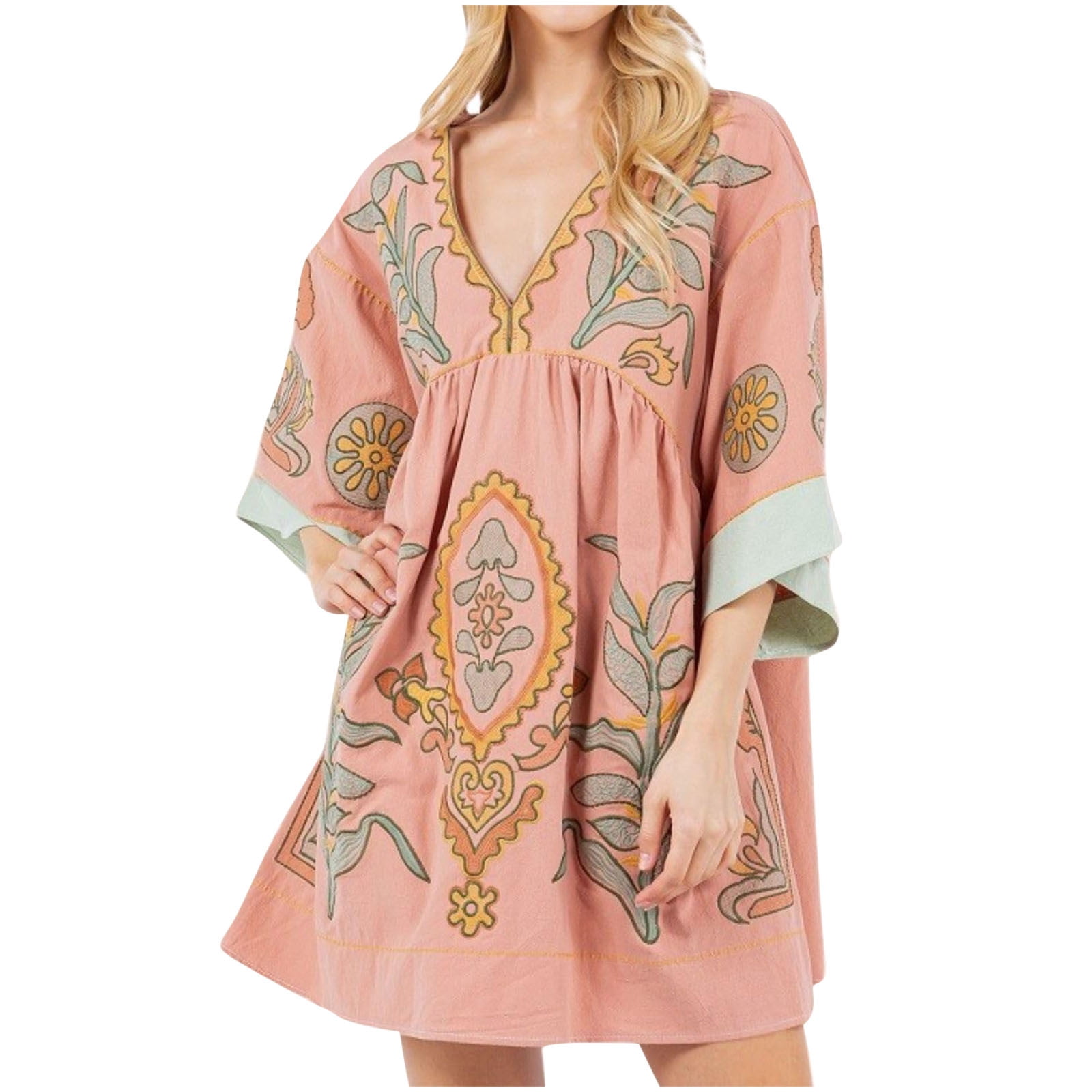 WXLWZYWL Womens Boho Embroidered Linen Blend Dress Loose Fit V-Neck Vintage  Embroidery Babydoll Dress - Walmart.com