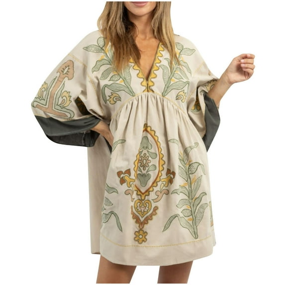 WXLWZYWL Womens Boho Embroidered Linen Blend Dress Loose Fit V-Neck Vintage Embroidery Babydoll Dress