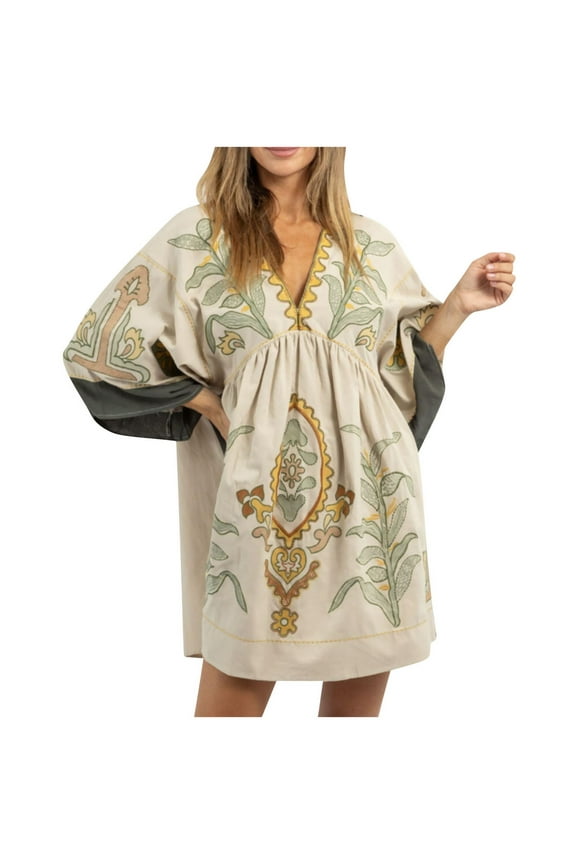 Womens Boho Embroidered Linen Blend Dress Loose Fit V-Neck Vintage Embroidery Babydoll Dress
