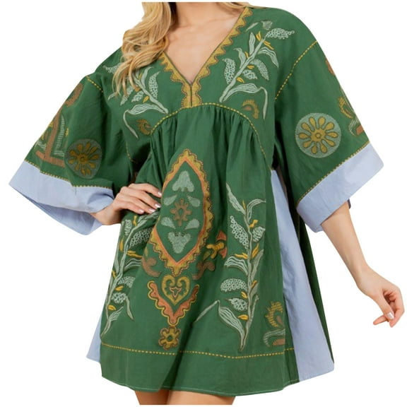 WXLWZYWL Womens Boho Embroidered Linen Blend Dress Loose Fit V-Neck Vintage Embroidery Babydoll Dress