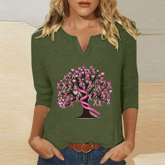 WXLWZYWL Womens Breast Cancer Awareness Shirts Pink Ribbon Print T Shirts Short Sleeve Tees Loose V-Neck Top Fall Ladies Top