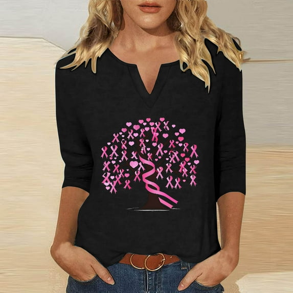 WXLWZYWL Womens Breast Cancer Awareness Shirts Pink Ribbon Print T Shirts Short Sleeve Tees Loose V-Neck Top Fall Ladies Top