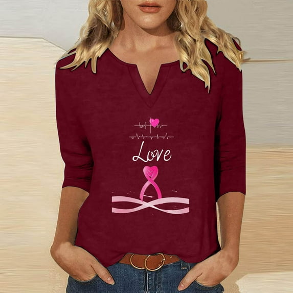 WXLWZYWL Womens Breast Cancer Awareness Shirts Pink Ribbon Print T Shirts Short Sleeve Tees Loose V-Neck Top Fall Ladies Top