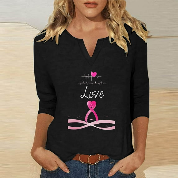 WXLWZYWL Womens Breast Cancer Awareness Shirts Pink Ribbon Print T Shirts Short Sleeve Tees Loose V-Neck Top Fall Ladies Top