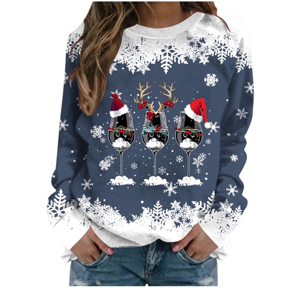 WXLWZYWL Womens Breast Printed Round Neck Long Sleeve Top Sweater Christmas