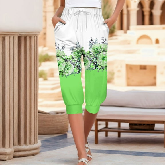 WXLWZYWL Womens Capri Pants 2024 Casual Drawstring Elastic Waist Sweatpants Loose Jogger Summer Vacation Lounge Sweatpants Striped Floral Printed Pants with Pockets