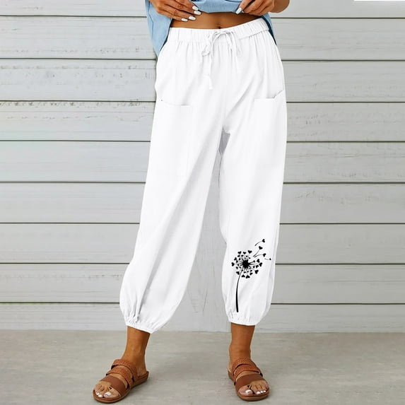 WXLWZYWL Womens Capri Pants Cotton Linen Cropped Trousers Summer Fall Wide Leg Drawstring High Waist Palazzo Pants with Pockets