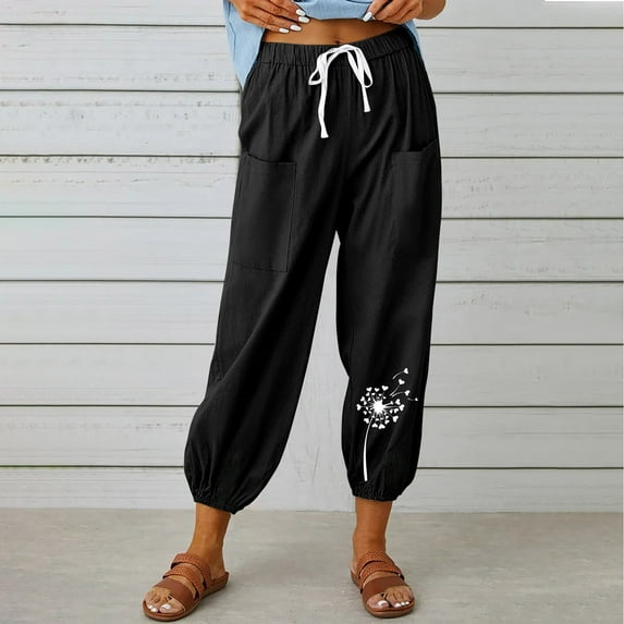 WXLWZYWL Womens Capri Pants Cotton Linen Cropped Trousers Summer Fall Wide Leg Drawstring High Waist Palazzo Pants with Pockets