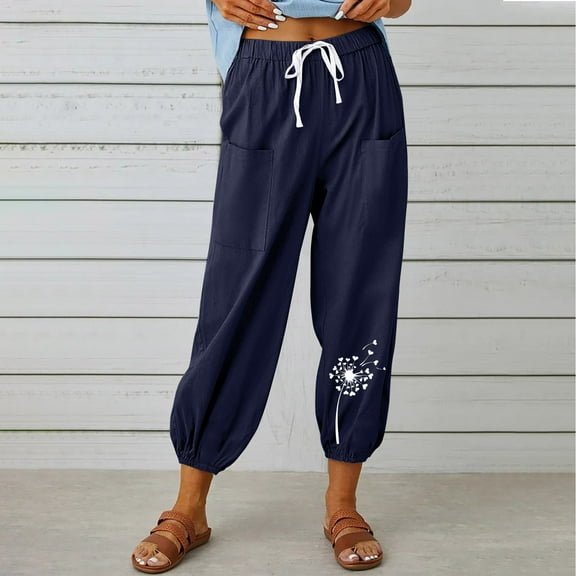 WXLWZYWL Womens Capri Pants Cotton Linen Cropped Trousers Summer Fall Wide Leg Drawstring High Waist Palazzo Pants with Pockets