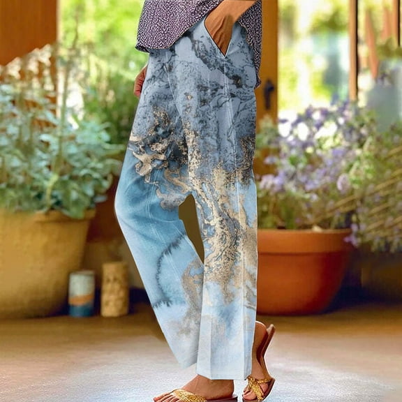 WXLWZYWL Womens Casual Pants Elastic Waist Print Roll Hem Pants Straight Leg Lounge Slacks Pattern Trousers with Pockets Cute Wide Leg Pants