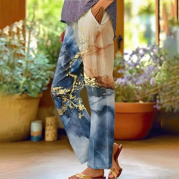 WXLWZYWL Womens Casual Pants Elastic Waist Print Roll Hem Pants Straight Leg Lounge Slacks Pattern Trousers with Pockets Cute Wide Leg Pants