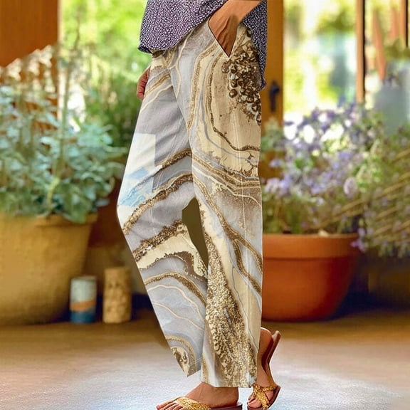 WXLWZYWL Womens Casual Pants Elastic Waist Print Roll Hem Pants Straight Leg Lounge Slacks Pattern Trousers with Pockets Cute Wide Leg Pants