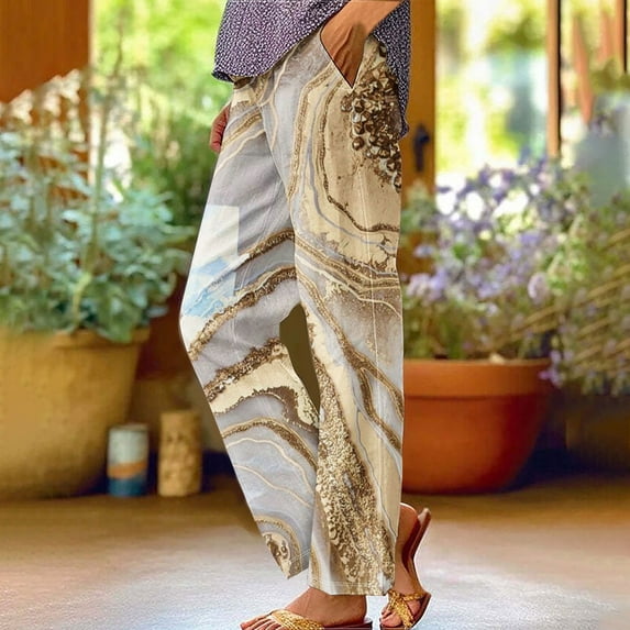 WXLWZYWL Womens Casual Pants Elastic Waist Print Roll Hem Pants Straight Leg Lounge Slacks Pattern Trousers with Pockets Cute Wide Leg Pants