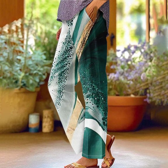 WXLWZYWL Womens Casual Pants Elastic Waist Print Roll Hem Pants Straight Leg Lounge Slacks Pattern Trousers with Pockets Cute Wide Leg Pants