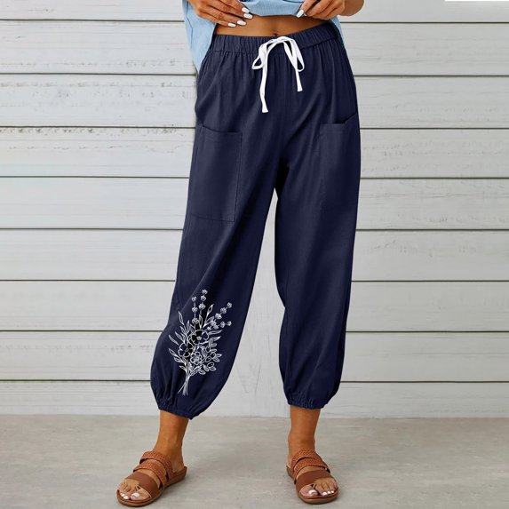 WXLWZYWL Womens Casual Pants Wide Leg Baggy Tapered Capri Drawstring Elastic Waist Ankle Trousers with Pockets