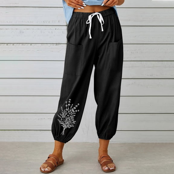 WXLWZYWL Womens Casual Pants Wide Leg Baggy Tapered Capri Drawstring Elastic Waist Ankle Trousers with Pockets