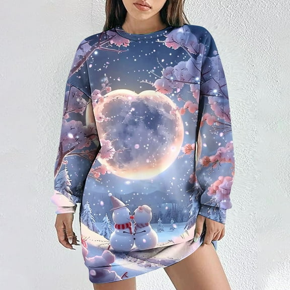 WXLWZYWL Womens Christmas Dresses 2024 Fashion Casual Slim Cute Print Long Sleeve Round Neck Hoodless Sweatshirt Dresses