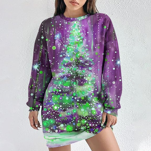 WXLWZYWL Womens Christmas Dresses 2024 Fashion Casual Slim Cute Print Long Sleeve Round Neck Hoodless Sweatshirt Dresses