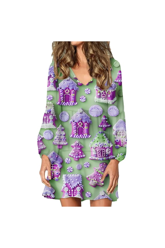 Womens Christmas Party Dresses 2024 Puffy Swing Dress Long Sleeve V Neck Wedding Guest Midi Sundress