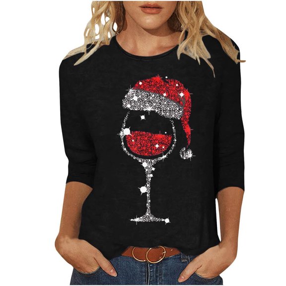WXLWZYWL Womens Christmas Print Round Neck 3/4 Sleeve T-Shirt Round Neck Pullover Tops