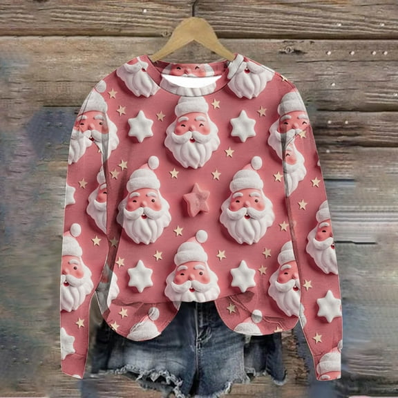WXLWZYWL Womens Christmas Sweatshirts Cute Xmas Ugly 3D Graphic Print Sweaters Oversized Long Sleeve Round Neck Pullover Tops