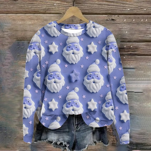 WXLWZYWL Womens Christmas Sweatshirts Cute Xmas Ugly 3D Graphic Print Sweaters Oversized Long Sleeve Round Neck Pullover Tops