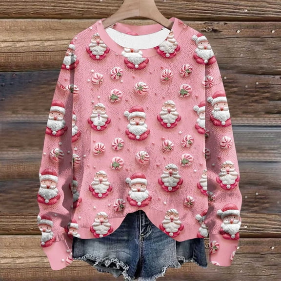 WXLWZYWL Womens Christmas Sweatshirts Cute Xmas Ugly 3D Graphic Print Sweaters Oversized Long Sleeve Round Neck Pullover Tops