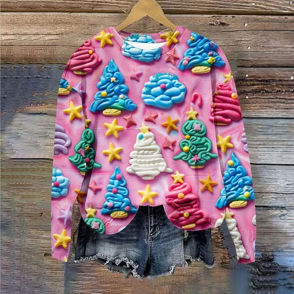 WXLWZYWL Womens Christmas Sweatshirts Cute Xmas Ugly 3D Graphic Print Sweaters Oversized Long Sleeve Round Neck Pullover Tops