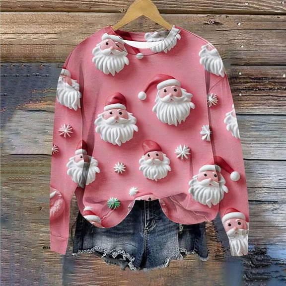WXLWZYWL Womens Christmas Sweatshirts Cute Xmas Ugly 3D Graphic Print Sweaters Oversized Long Sleeve Round Neck Pullover Tops
