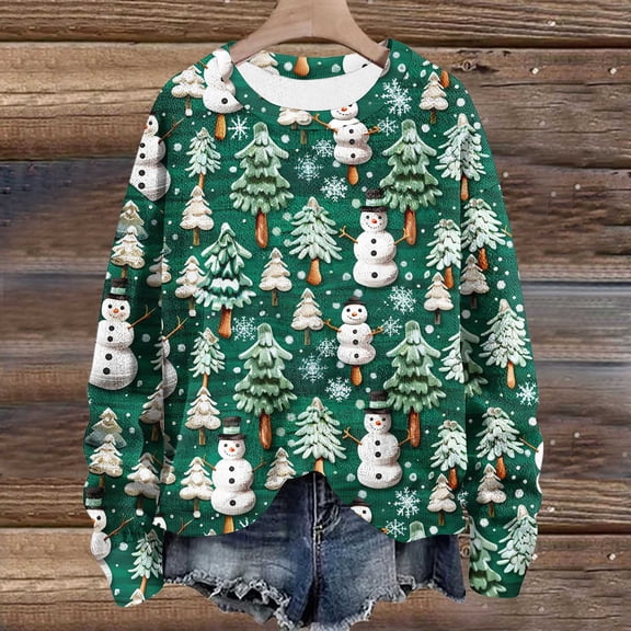 WXLWZYWL Womens Christmas Sweatshirts Cute Xmas Ugly 3D Graphic Print Sweaters Oversized Long Sleeve Round Neck Pullover Tops