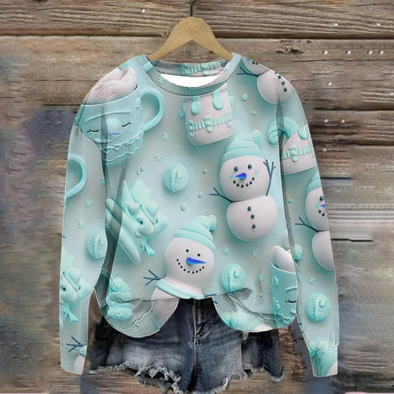 WXLWZYWL Womens Christmas Sweatshirts Cute Xmas Ugly 3D Graphic Print Sweaters Oversized Long Sleeve Round Neck Pullover Tops