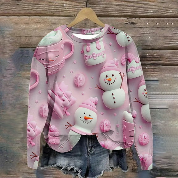 WXLWZYWL Womens Christmas Sweatshirts Cute Xmas Ugly 3D Graphic Print Sweaters Oversized Long Sleeve Round Neck Pullover Tops