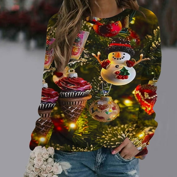 WXLWZYWL Womens Christmas Sweatshirts Cute Xmas Ugly 3D Graphic Print Sweaters Oversized Long Sleeve Round Neck Pullover Tops