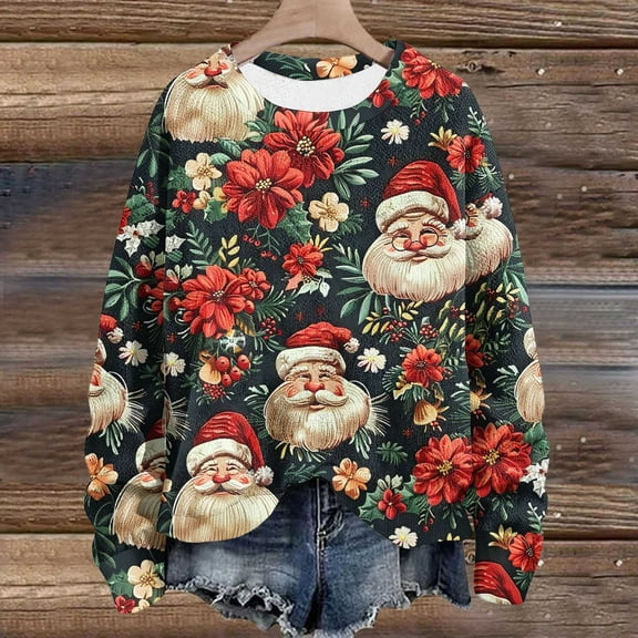WXLWZYWL Womens Christmas Sweatshirts Cute Xmas Ugly 3D Graphic Print Sweaters Oversized Long Sleeve Round Neck Pullover Tops