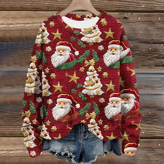WXLWZYWL Womens Christmas Sweatshirts Cute Xmas Ugly 3D Graphic Print Sweaters Oversized Long Sleeve Round Neck Pullover Tops