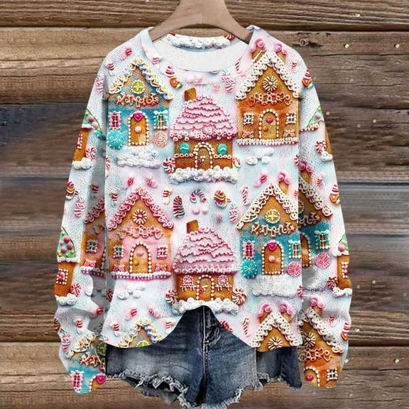 WXLWZYWL Womens Christmas Sweatshirts Cute Xmas Ugly 3D Graphic Print Sweaters Oversized Long Sleeve Round Neck Pullover Tops