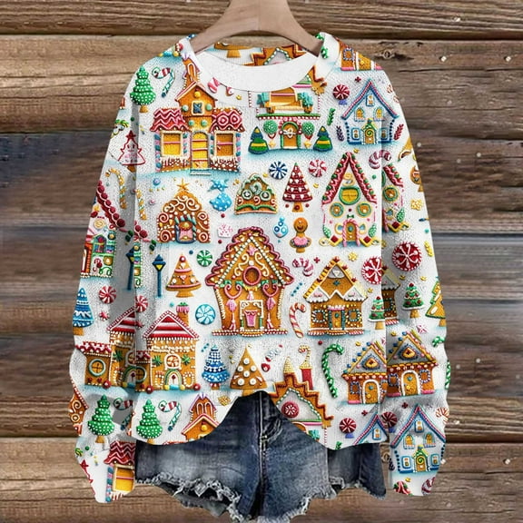 WXLWZYWL Womens Christmas Sweatshirts Cute Xmas Ugly 3D Graphic Print Sweaters Oversized Long Sleeve Round Neck Pullover Tops