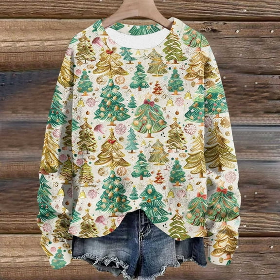 WXLWZYWL Womens Christmas Sweatshirts Cute Xmas Ugly 3D Graphic Print Sweaters Oversized Long Sleeve Round Neck Pullover Tops