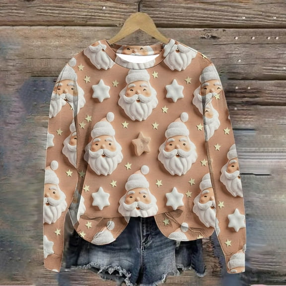 WXLWZYWL Womens Christmas Sweatshirts Cute Xmas Ugly 3D Graphic Print Sweaters Oversized Long Sleeve Round Neck Pullover Tops